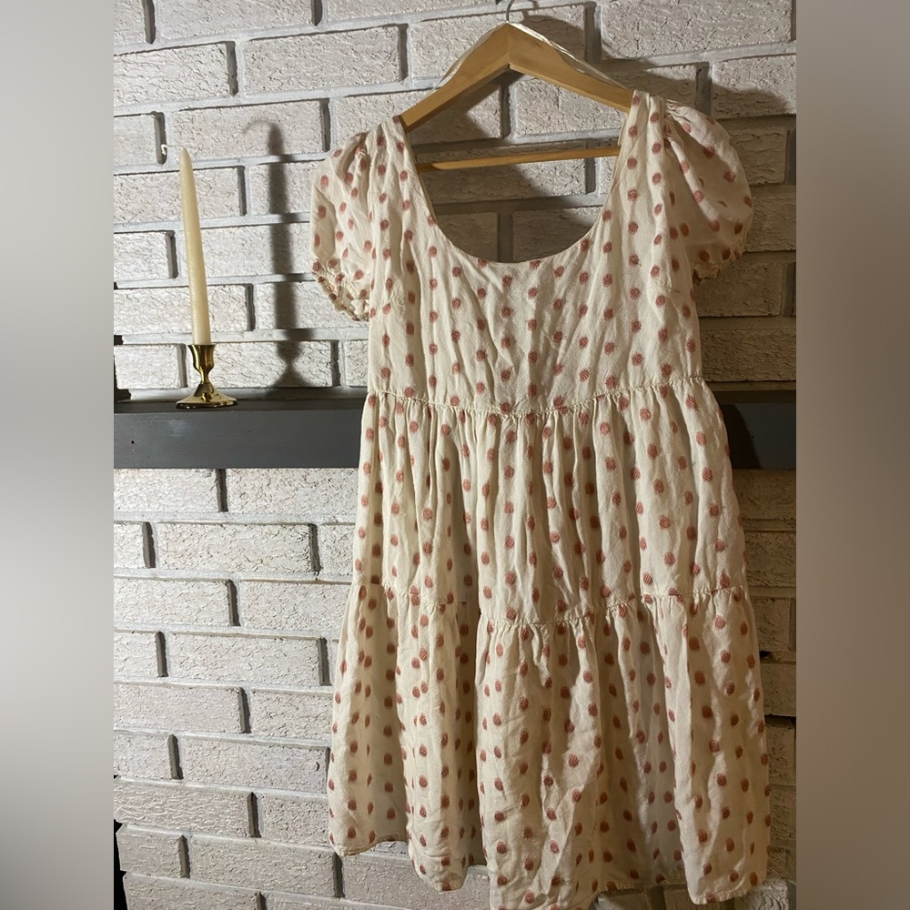 Off-White Dress with Pink Polka Dots, lined, tie up back, above knee flowy